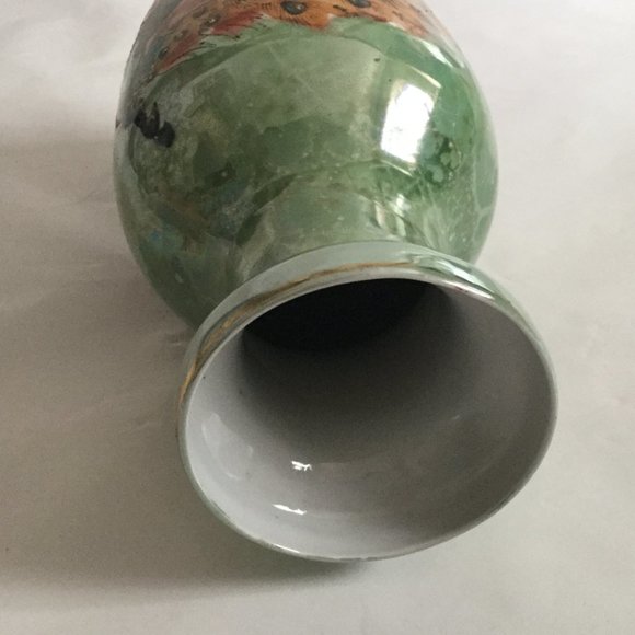 Beautiful ceramic vase green luster ware floral pink flower peacock 12" tall - Picture 6 of 7